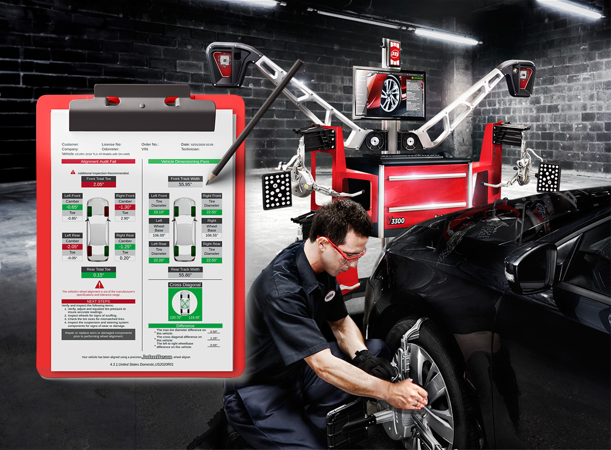 Vehicle Technician attaching alignment target, and alignment diagnostic readout Vehicle Technician attaching alignment target, and alignment diagnostic readout